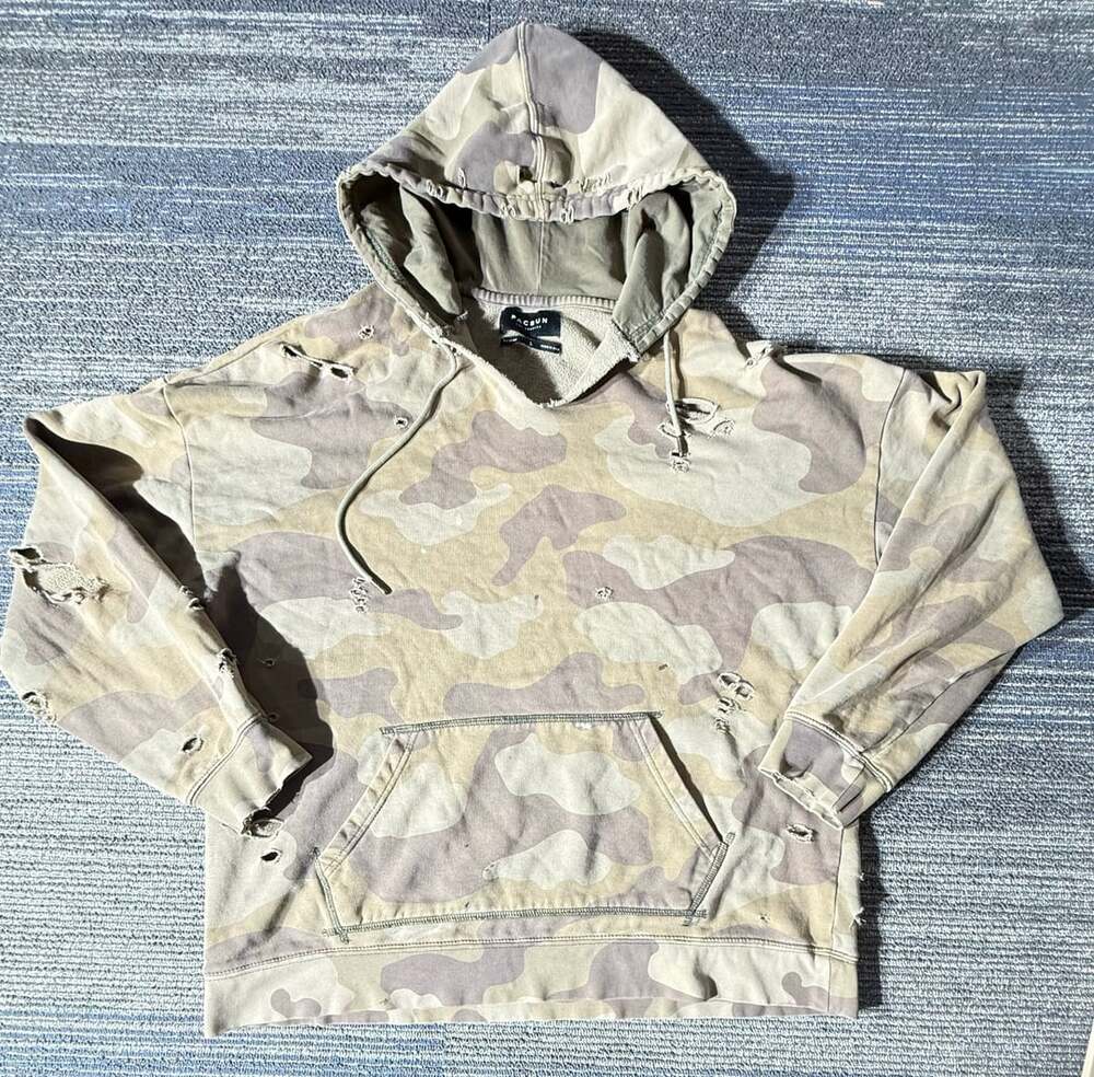 PacSun Distressed Camo Hoodie Boxy Fit Distressed Pullover